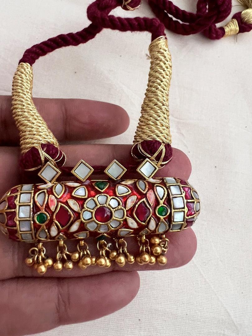 Gold polish kundan, ruby & emerald with mother of pearl pendant thread necklace-Silver Neckpiece-CI-House of Taamara