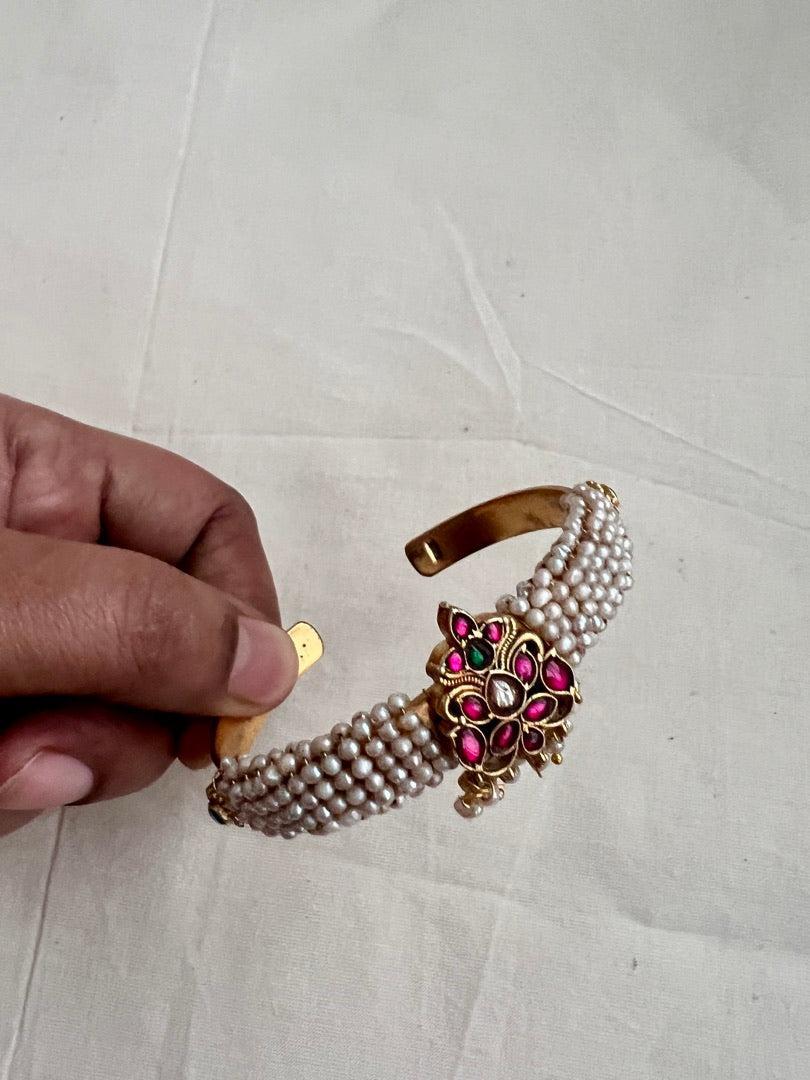Gold polish kundan, ruby & emerald with pearls kada-Silver Bracelet-CI-House of Taamara