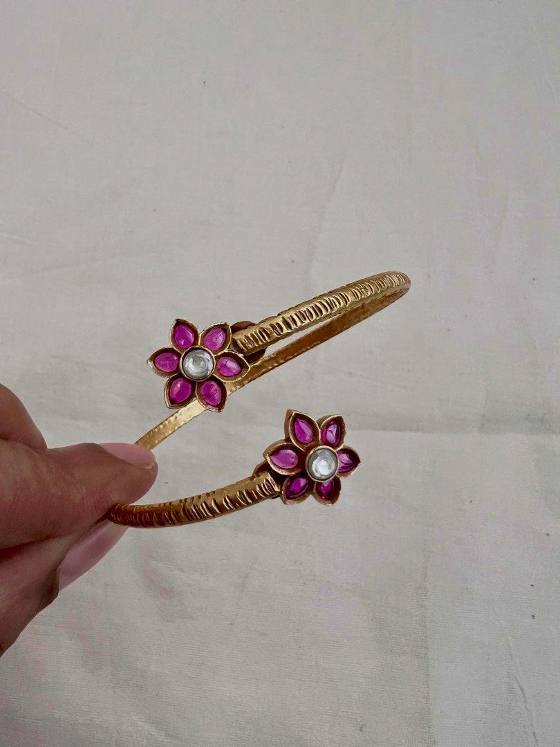 Gold polish kundan & ruby flower adjustable bracelet-Silver Bracelet-CI-House of Taamara