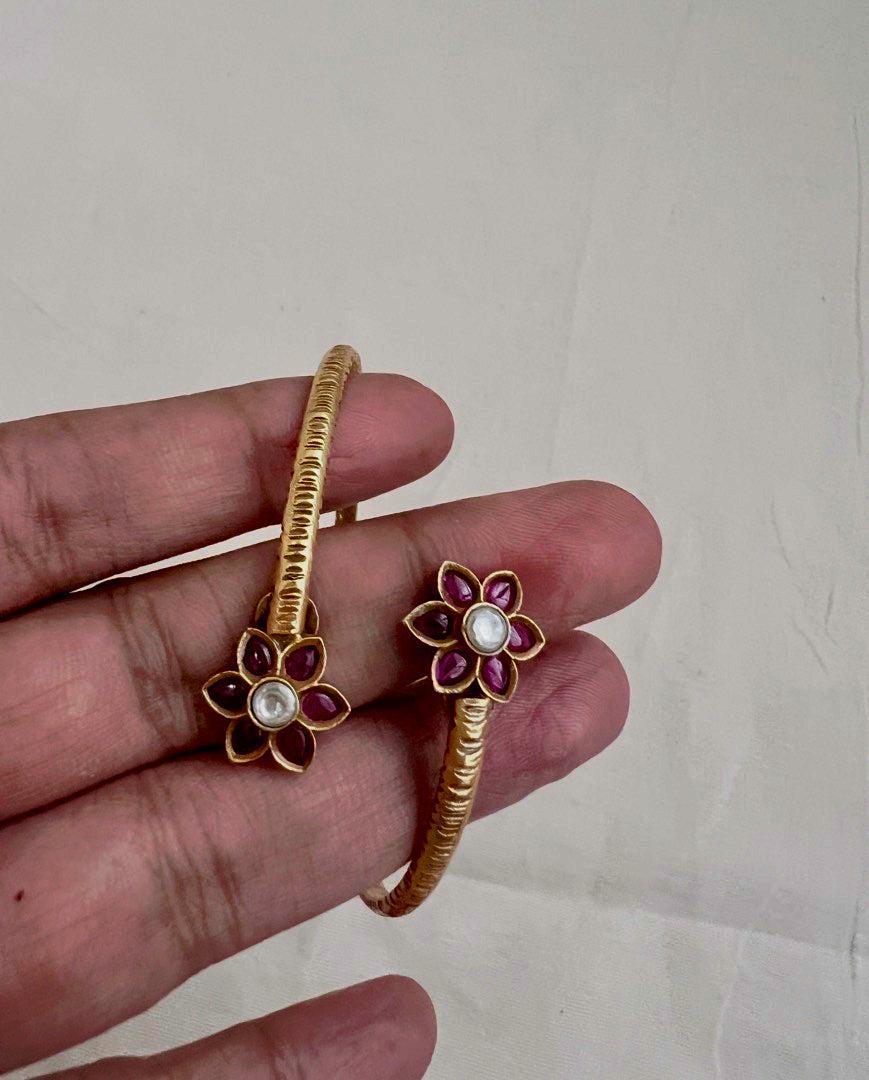 Gold polish kundan & ruby flower adjustable bracelet-Silver Bracelet-CI-House of Taamara