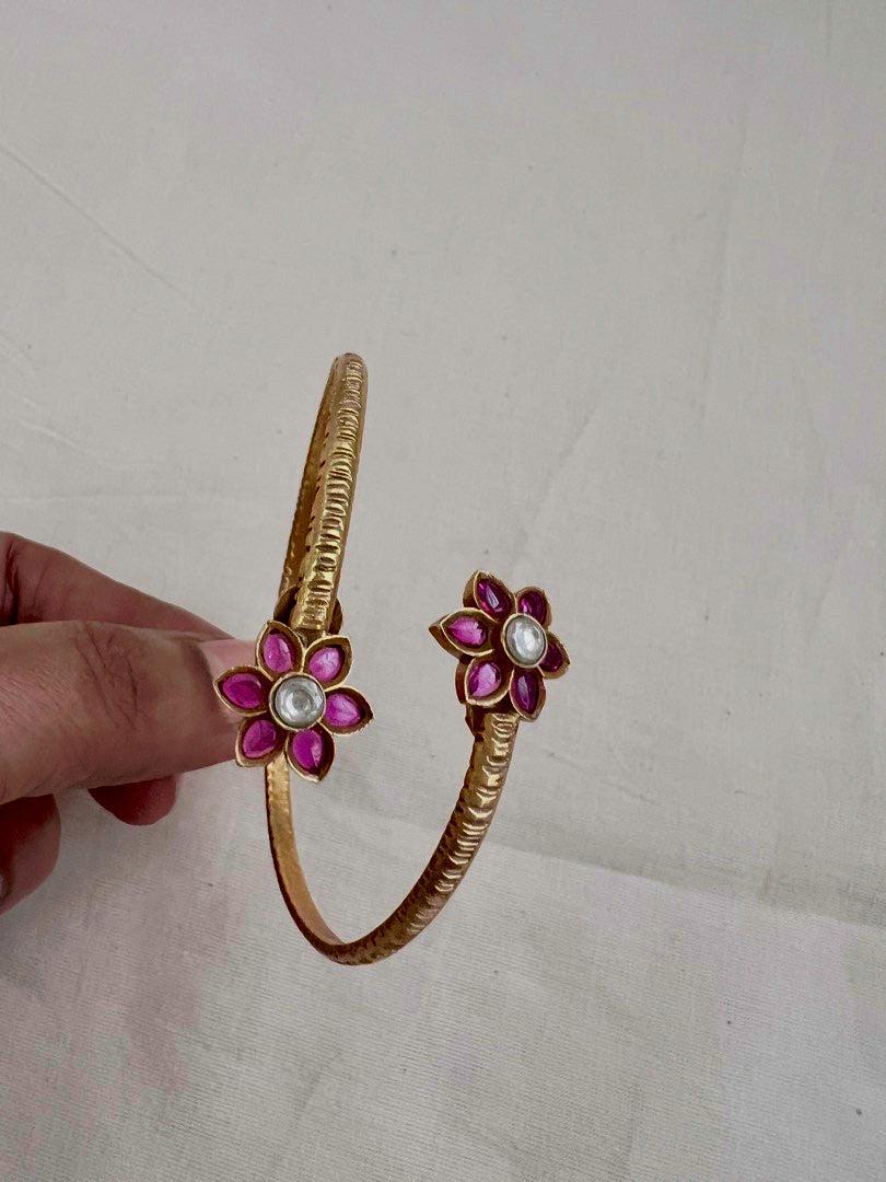 Gold polish kundan & ruby flower adjustable bracelet-Silver Bracelet-CI-House of Taamara