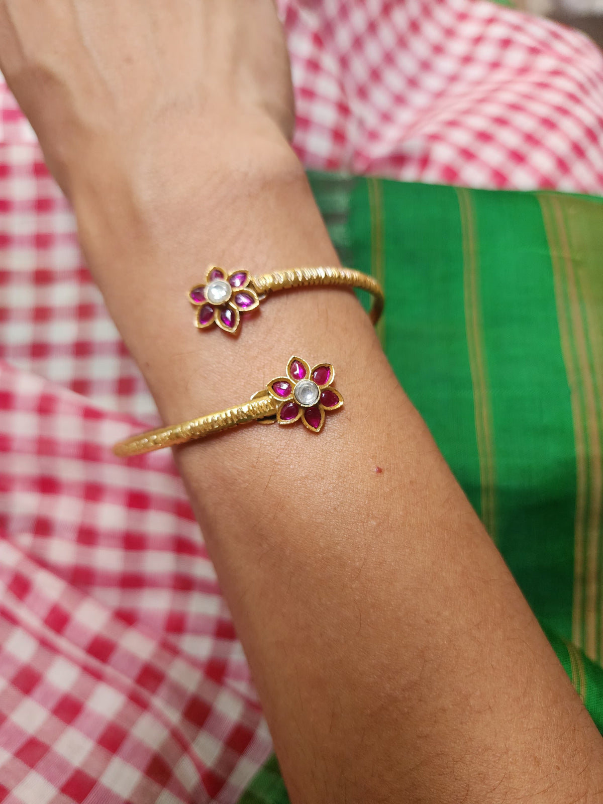 Gold polish kundan & ruby flower adjustable bracelet-Silver Bracelet-CI-House of Taamara