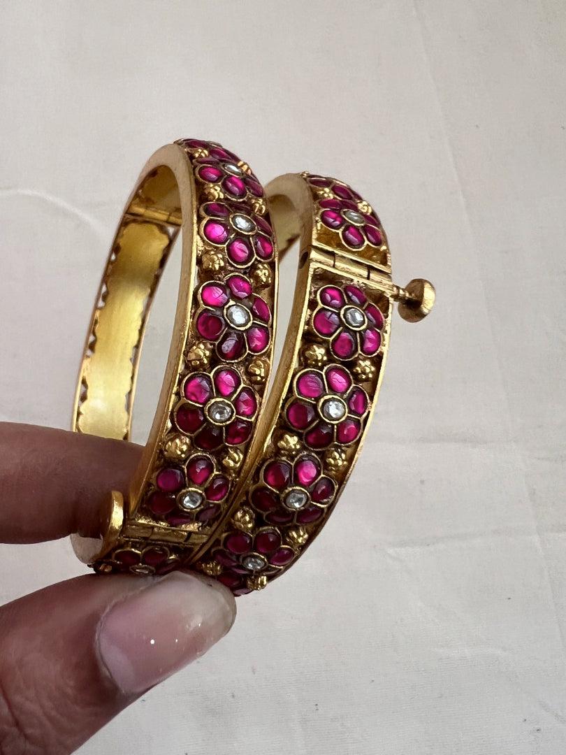 Gold polish kundan & ruby flower bangles, 2.3, PAIR-Silver Bracelet-CI-House of Taamara