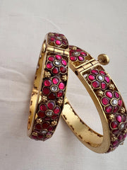 Gold polish kundan & ruby flower bangles, 2.3, PAIR-Silver Bracelet-CI-House of Taamara