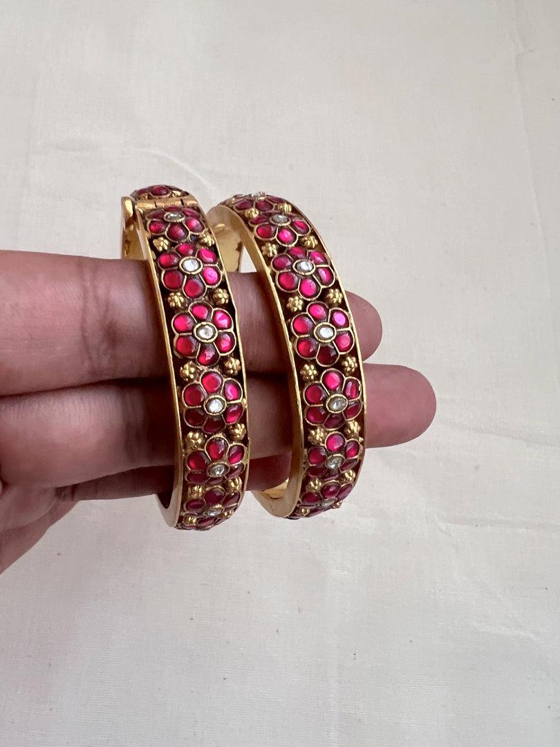 Gold polish kundan & ruby flower bangles, 2.3, PAIR-Silver Bracelet-CI-House of Taamara