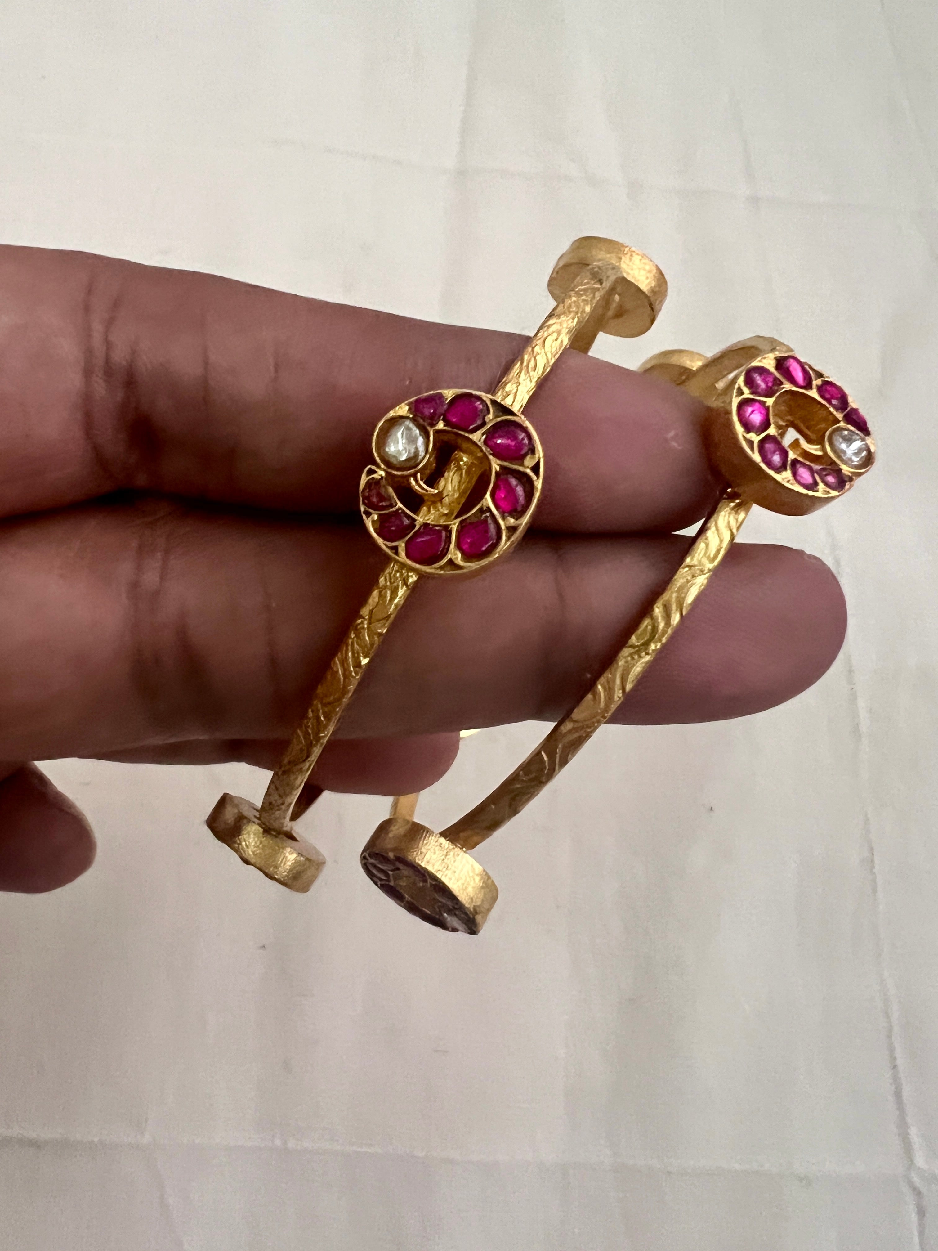 Gold polish kundan & ruby flower bangles, PAIR-Silver Bracelet-CI-House of Taamara