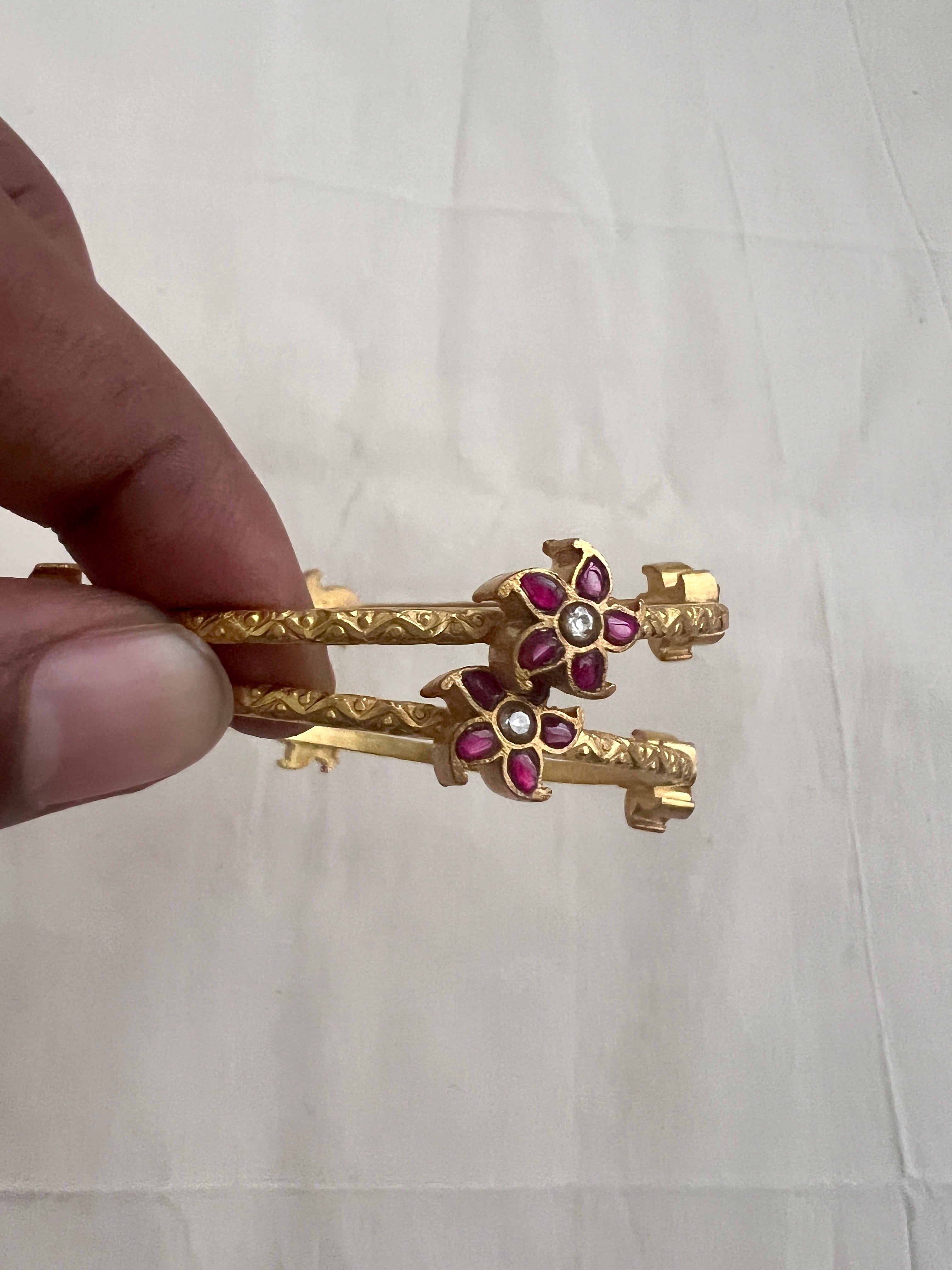 Gold polish kundan & ruby flower bangles, PAIR-Silver Bracelet-CI-House of Taamara