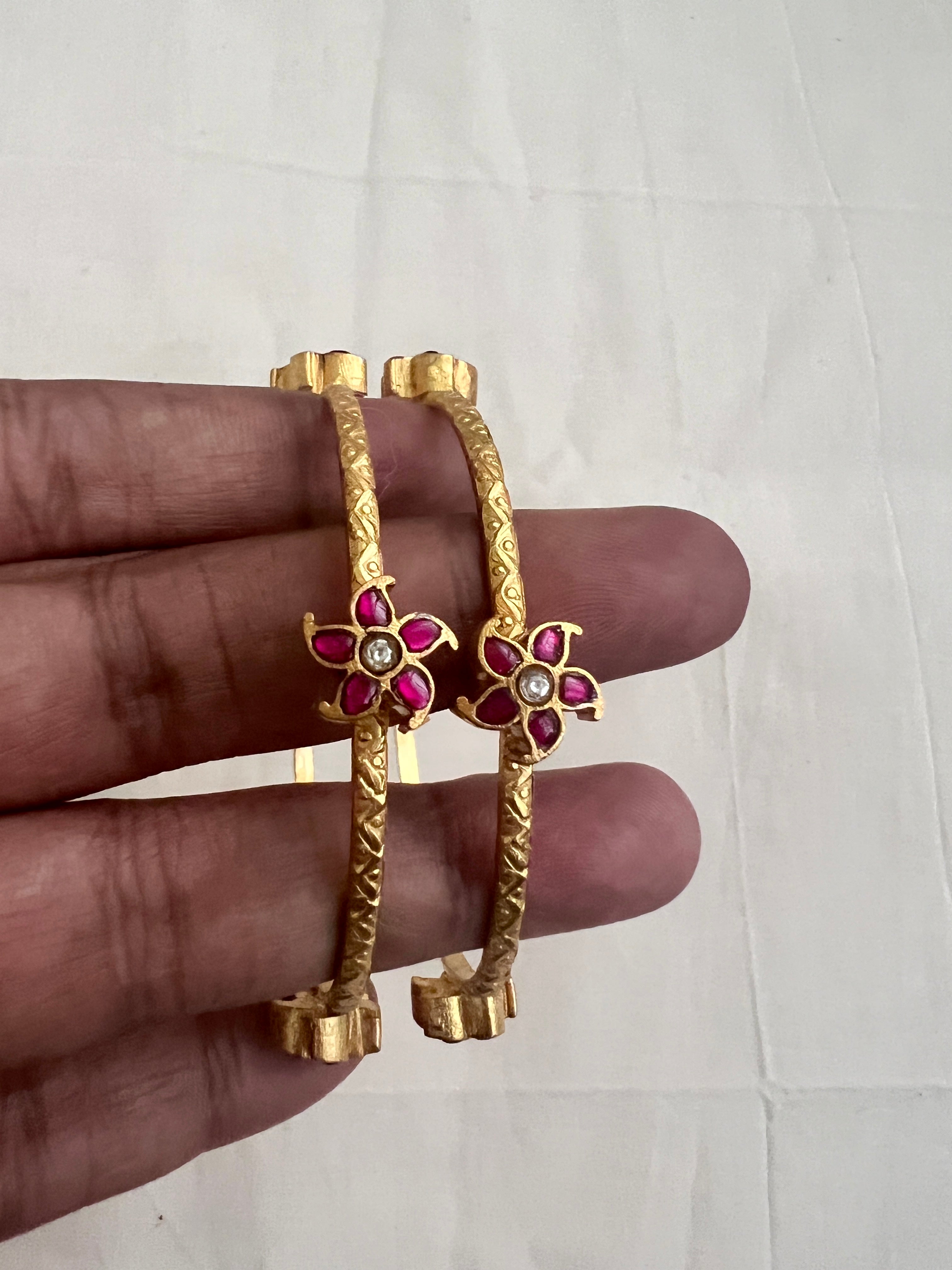 Gold polish kundan & ruby flower bangles, PAIR-Silver Bracelet-CI-House of Taamara