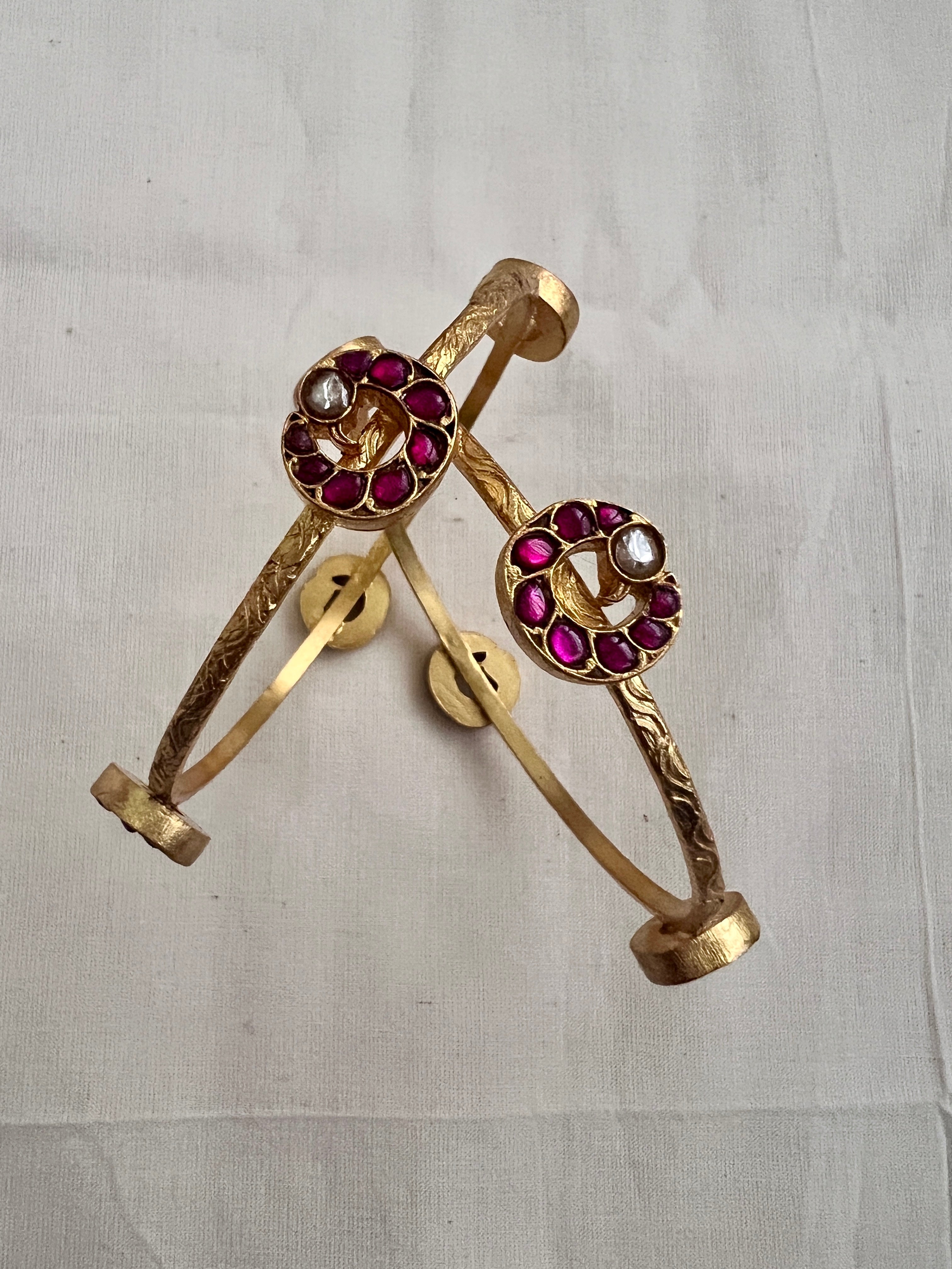 Gold polish kundan & ruby flower bangles, PAIR-Silver Bracelet-CI-House of Taamara