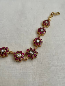 Gold polish kundan & ruby flower bracelet with hooks-Silver Bracelet-CI-House of Taamara