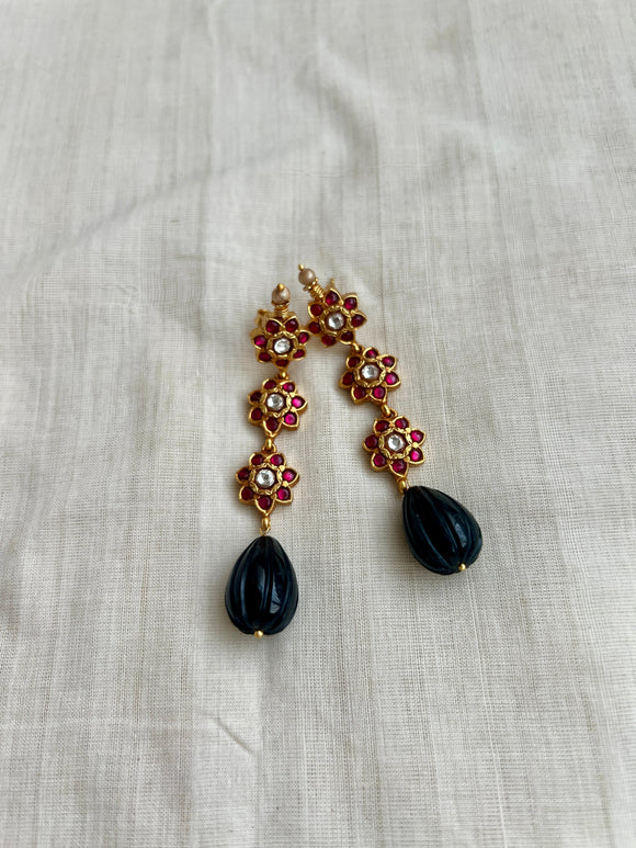 Gold polish kundan & ruby flower hangings with black onyx beads-Earrings-CI-House of Taamara