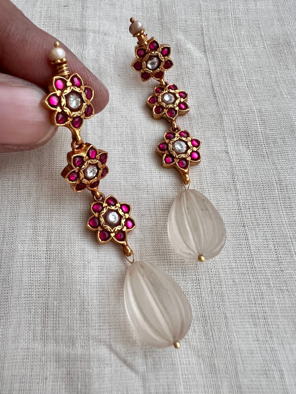 Gold polish kundan & ruby flower hangings with quartz beads-Earrings-CI-House of Taamara