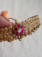 Gold polish kundan & ruby flower thussi style choker-Silver Neckpiece-CI-House of Taamara