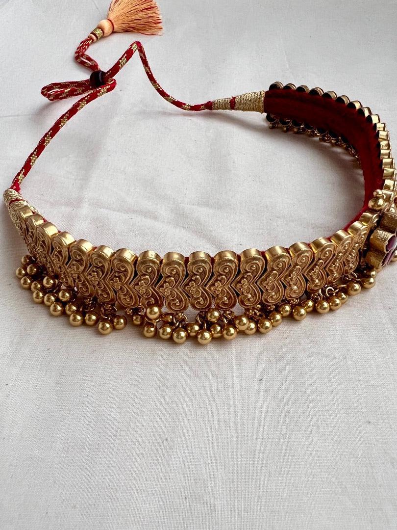 Gold polish kundan & ruby flower thussi style choker-Silver Neckpiece-CI-House of Taamara