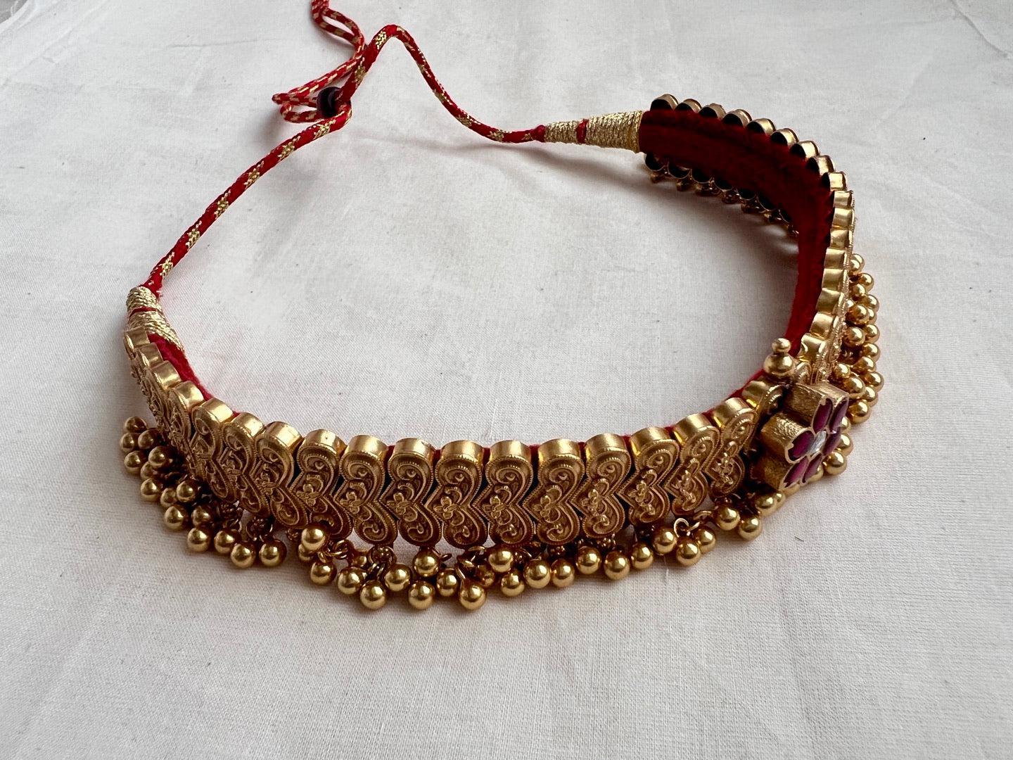 Gold polish kundan & ruby flower thussi style choker-Silver Neckpiece-CI-House of Taamara