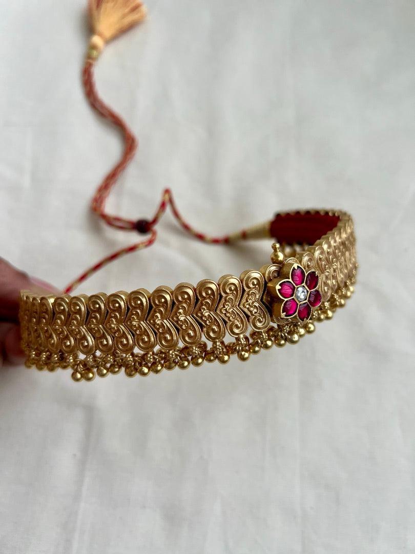 Gold polish kundan & ruby flower thussi style choker-Silver Neckpiece-CI-House of Taamara