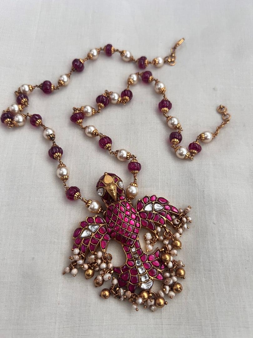 Gold polish kundan & ruby gandaberunda pendant with pearls & ruby beads chain-Silver Neckpiece-CI-House of Taamara