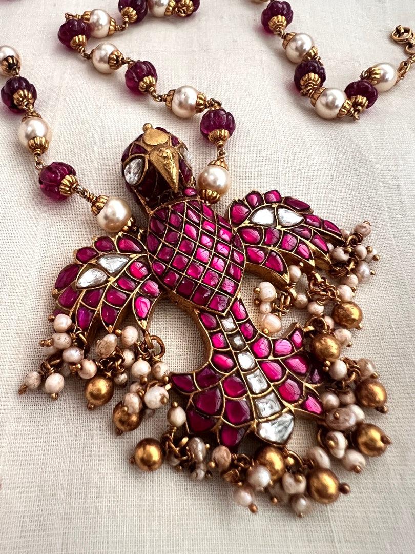 Gold polish kundan & ruby gandaberunda pendant with pearls & ruby beads chain-Silver Neckpiece-CI-House of Taamara