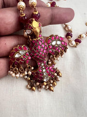 Gold polish kundan & ruby gandaberunda pendant with pearls & ruby beads chain-Silver Neckpiece-CI-House of Taamara