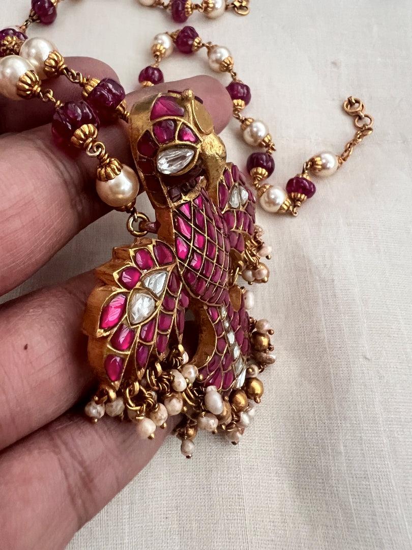 Gold polish kundan & ruby gandaberunda pendant with pearls & ruby beads chain-Silver Neckpiece-CI-House of Taamara