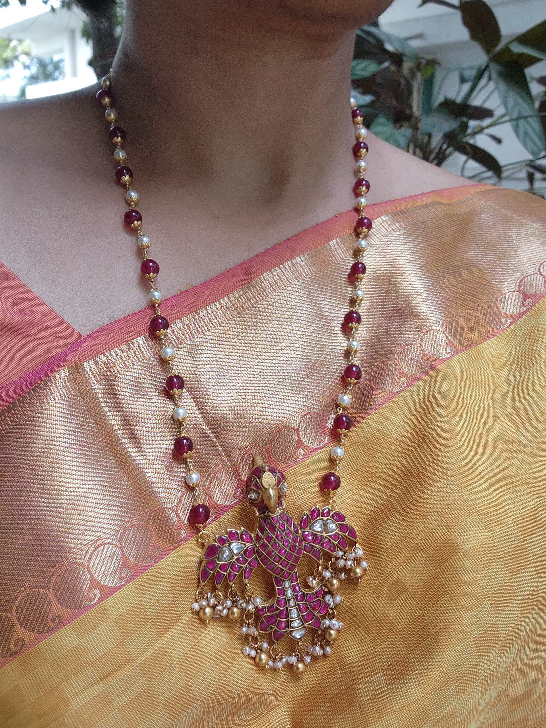 Gold polish kundan & ruby gandaberunda pendant with pearls & ruby beads chain-Silver Neckpiece-CI-House of Taamara