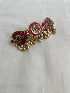 Gold polish kundan, ruby & green hair clip with pearls & gold polish beads-Silver Neckpiece-CI-House of Taamara