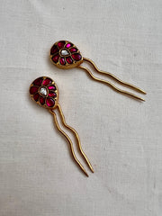 Gold polish kundan & ruby hair pins-Silver Neckpiece-CI-House of Taamara