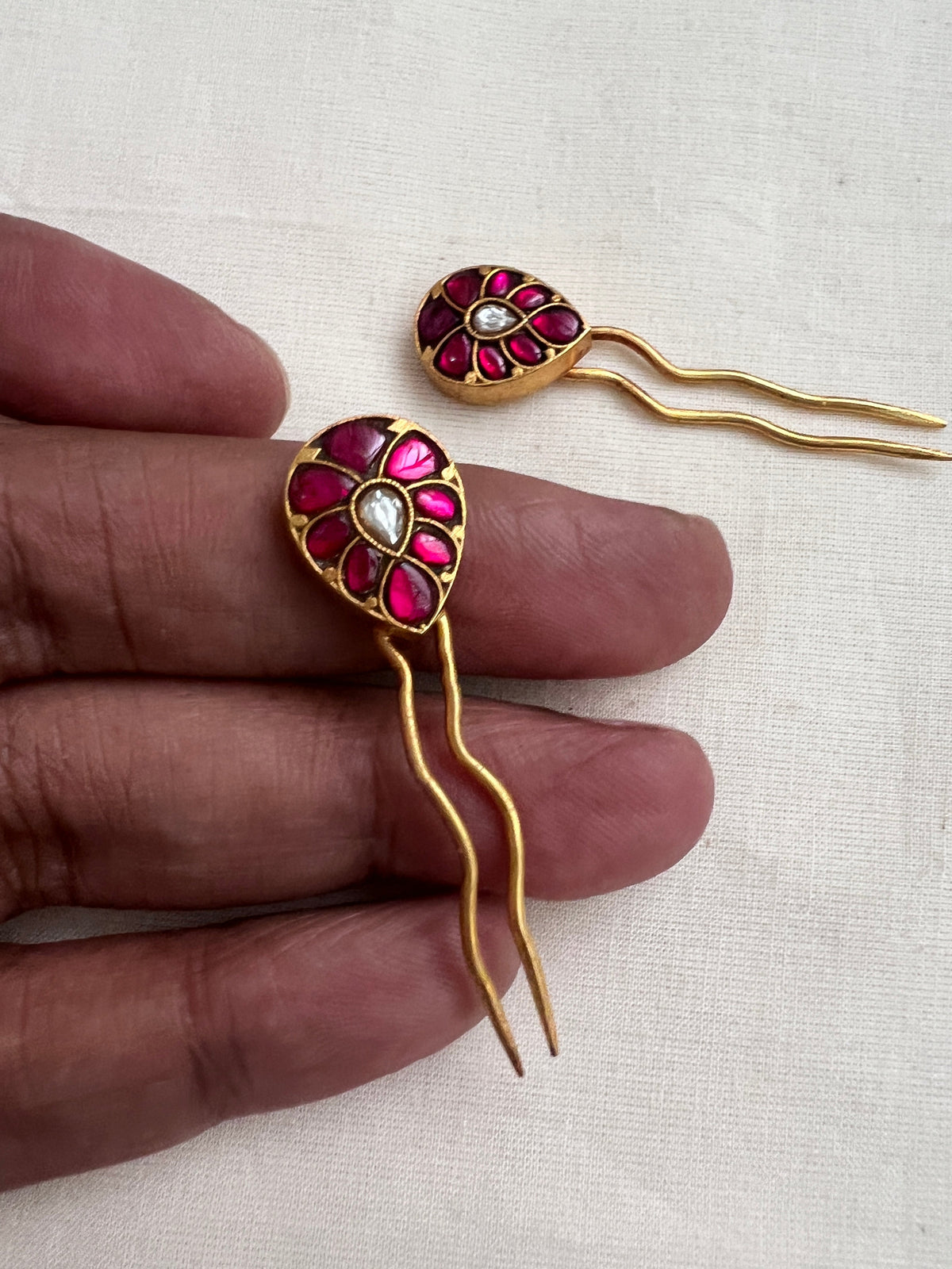 Gold polish kundan & ruby hair pins-Silver Neckpiece-CI-House of Taamara