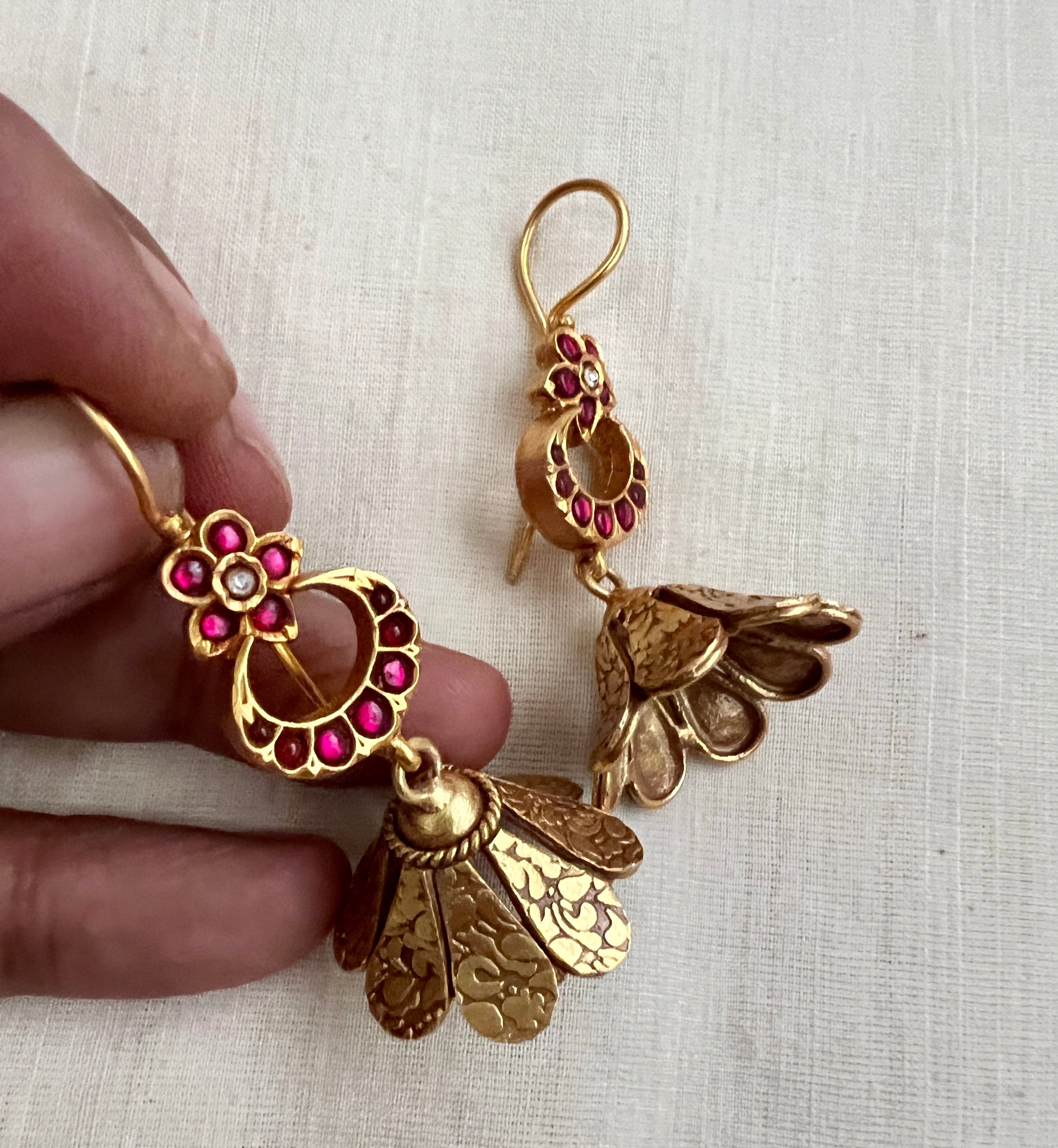 Gold polish kundan & ruby hanging jhumkas-Earrings-CI-House of Taamara