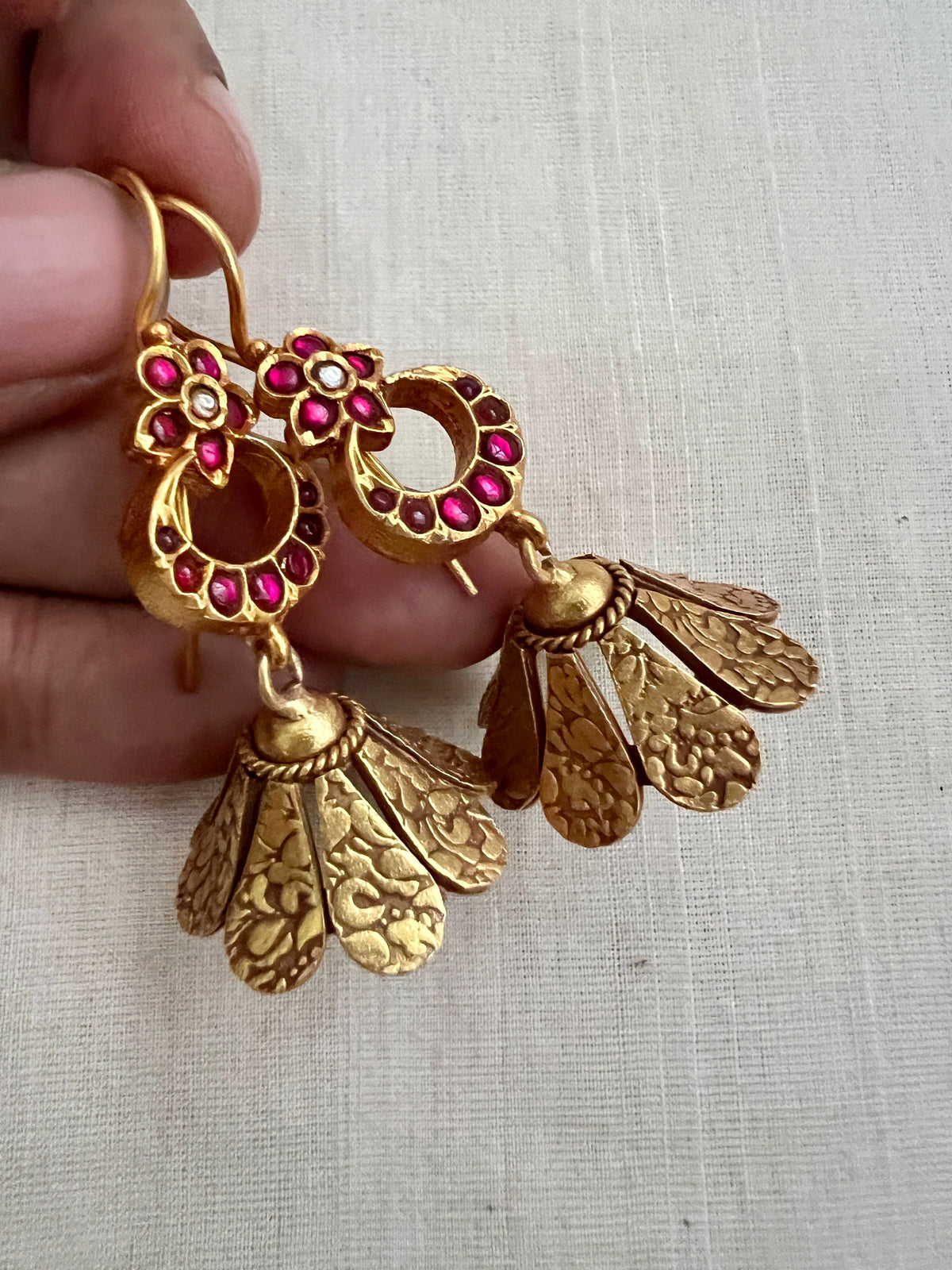 Gold polish kundan & ruby hanging jhumkas-Earrings-CI-House of Taamara