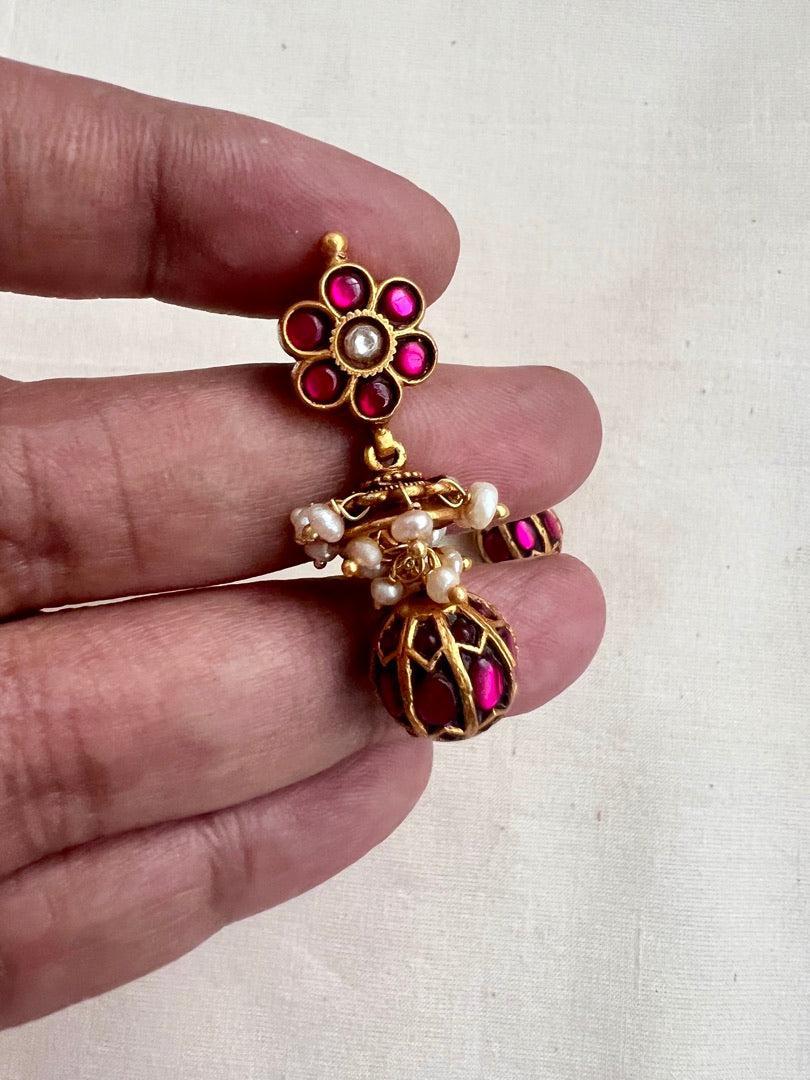 Gold polish kundan & ruby hangings with pearls-Earrings-CI-House of Taamara