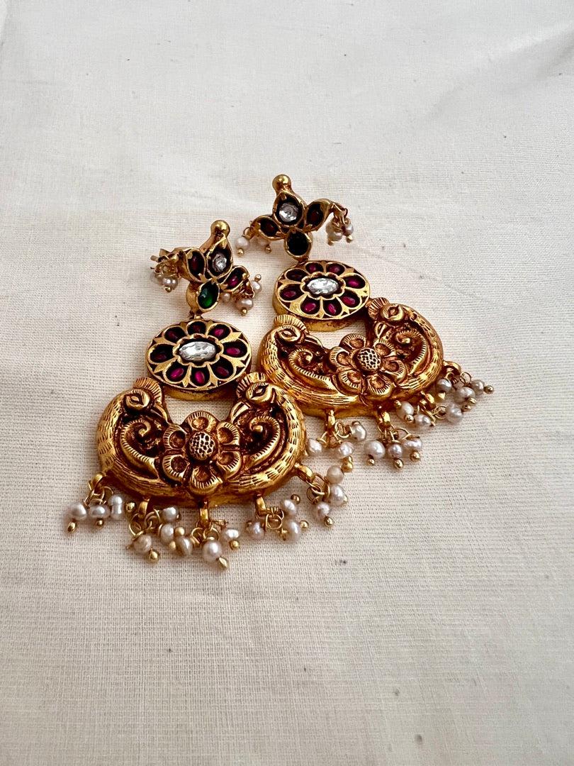 Gold polish kundan & ruby hangings with pearls-Earrings-CI-House of Taamara