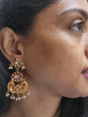 Gold polish kundan & ruby hangings with pearls-Earrings-CI-House of Taamara