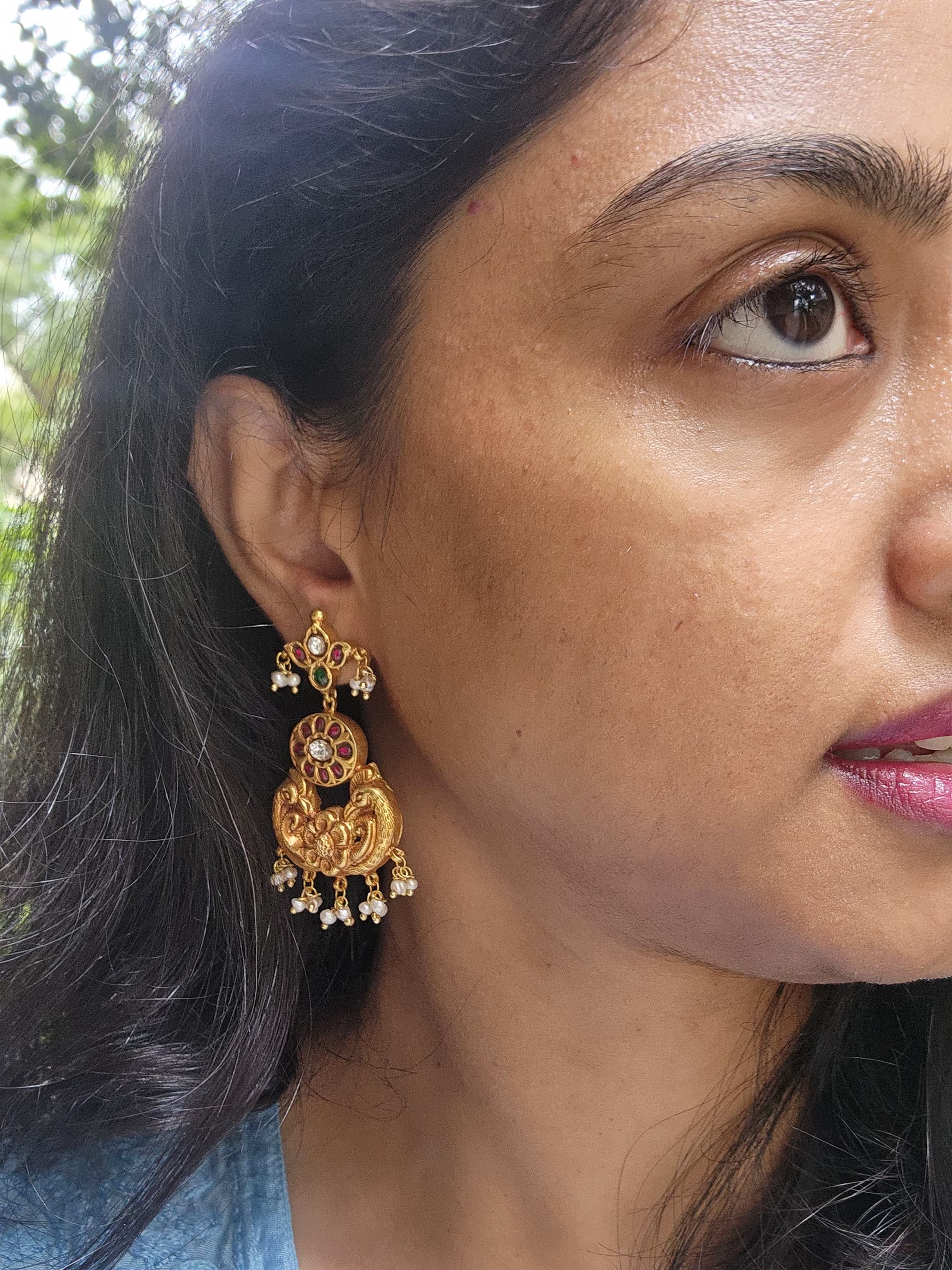 Gold polish kundan & ruby hangings with pearls-Earrings-CI-House of Taamara