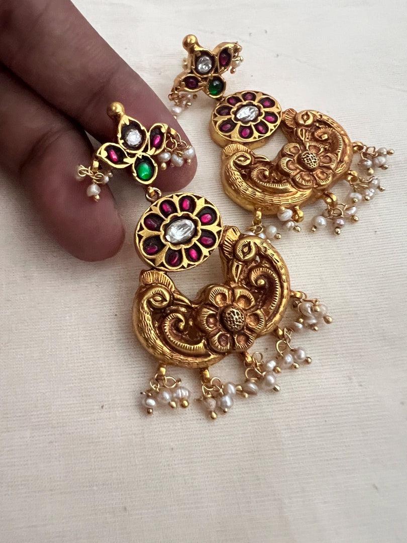 Gold polish kundan & ruby hangings with pearls-Earrings-CI-House of Taamara