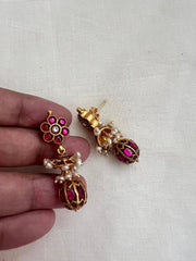 Gold polish kundan & ruby hangings with pearls-Earrings-CI-House of Taamara