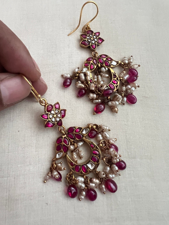 Gold polish kundan & ruby hangings with pearls and ruby beads-Earrings-CI-House of Taamara