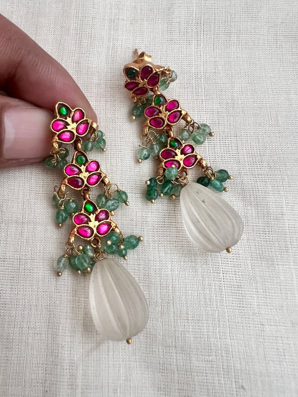 Gold polish kundan & ruby hangings with quartz beads-Earrings-CI-House of Taamara