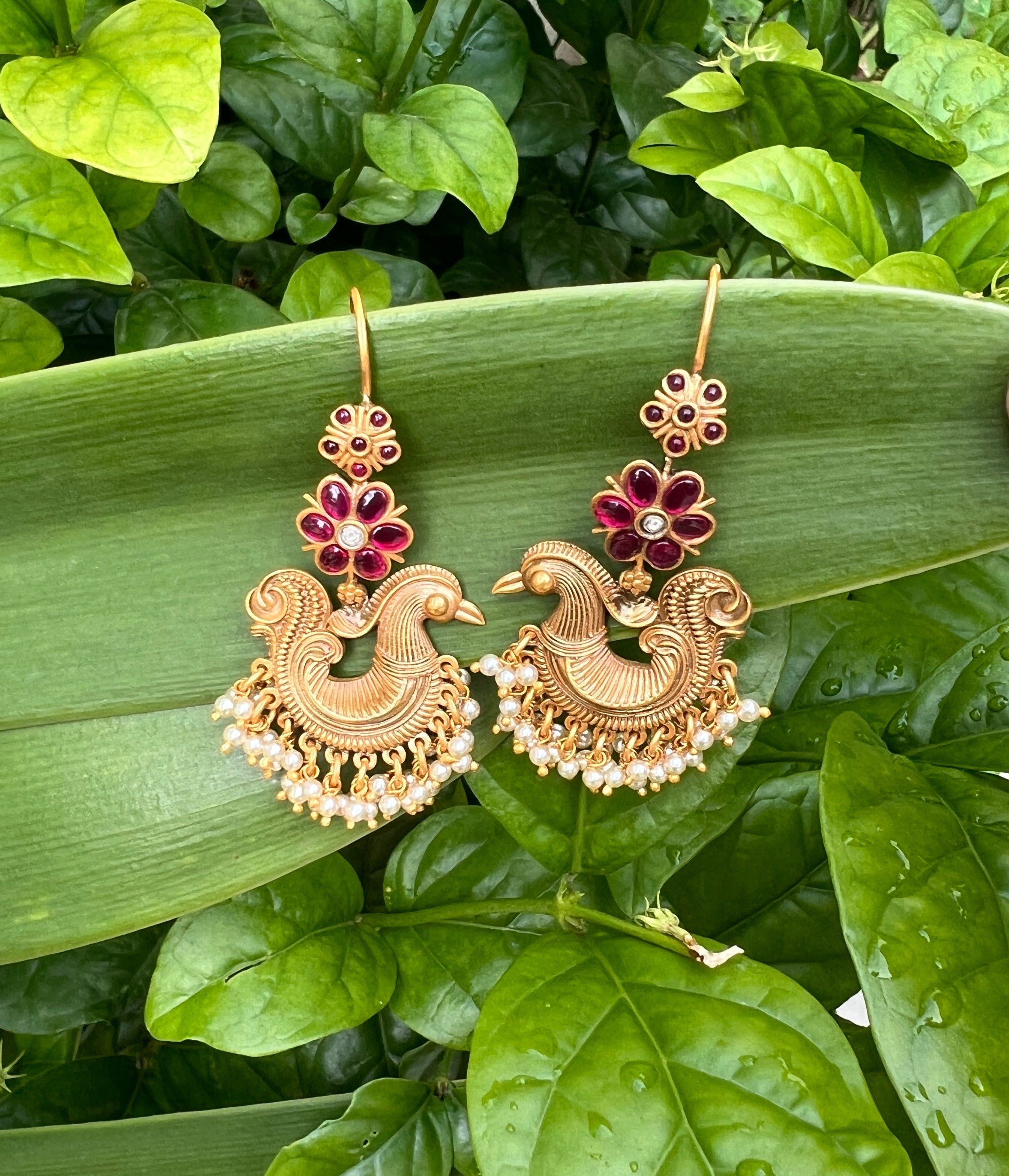 Gold polish kundan & ruby hook earrings with pearls-Earrings-CI-House of Taamara