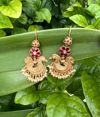 Gold polish kundan & ruby hook earrings with pearls-Earrings-CI-House of Taamara