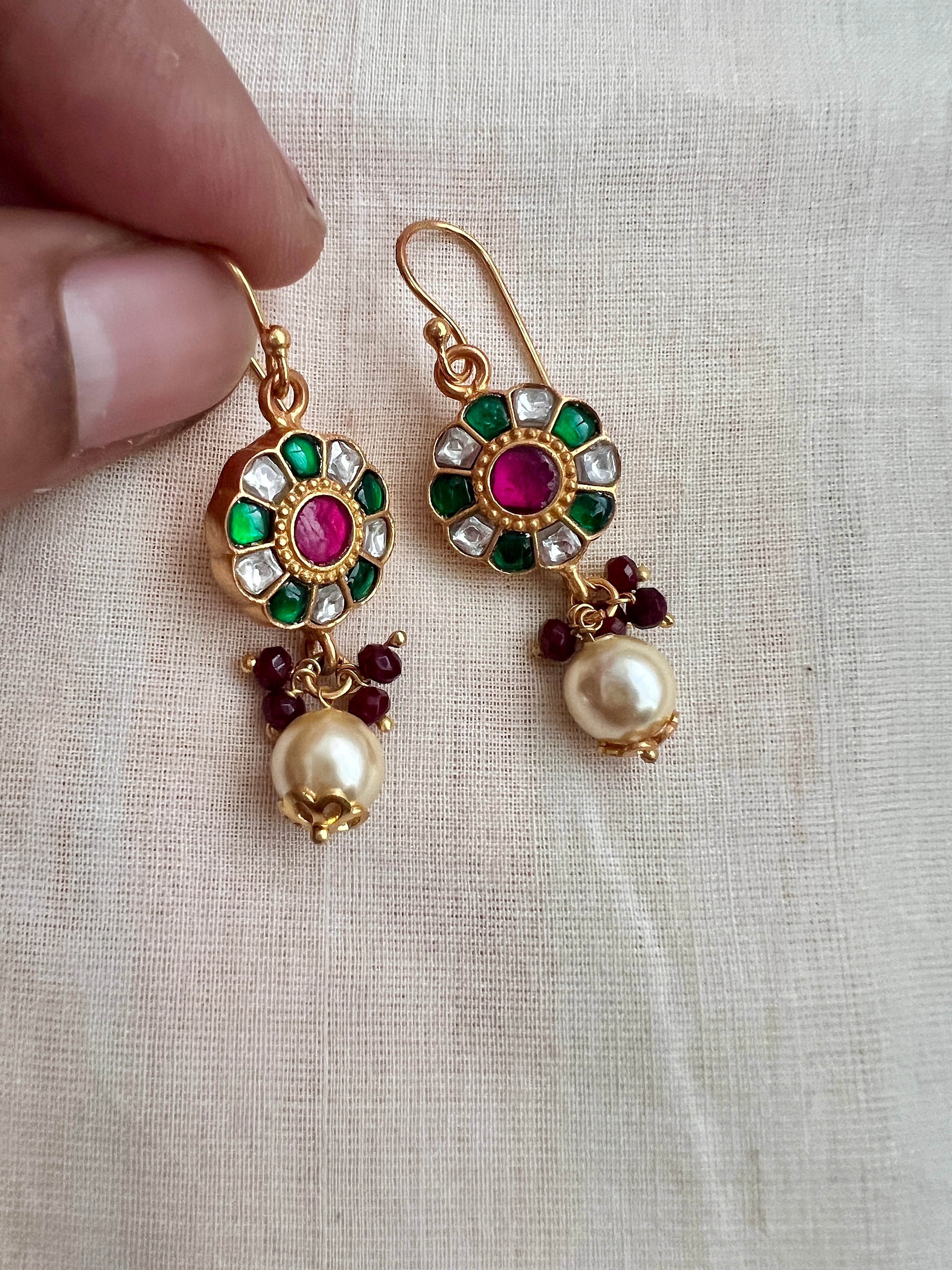 Gold polish kundan & ruby hook earrings with pearls-Earrings-CI-House of Taamara