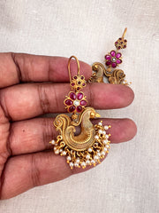 Gold polish kundan & ruby hook earrings with pearls-Earrings-CI-House of Taamara