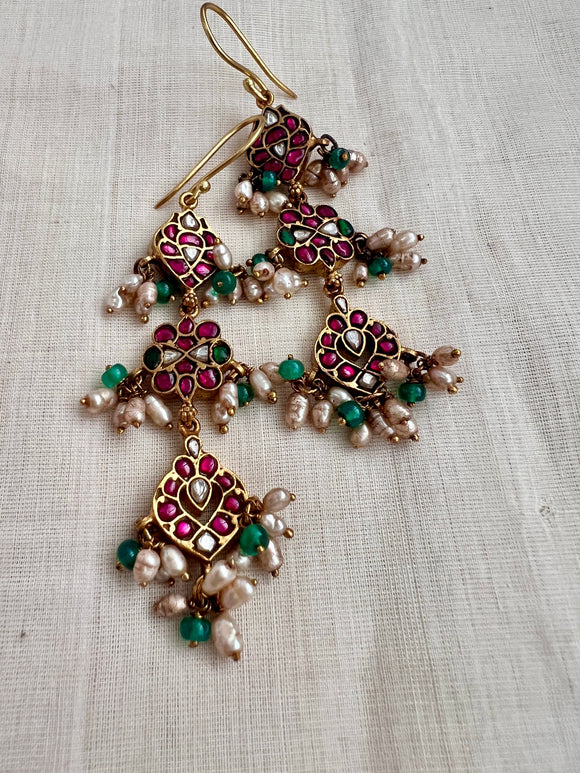 Gold polish kundan & ruby hook earrings with pearls and green onyx beads-Earrings-CI-House of Taamara