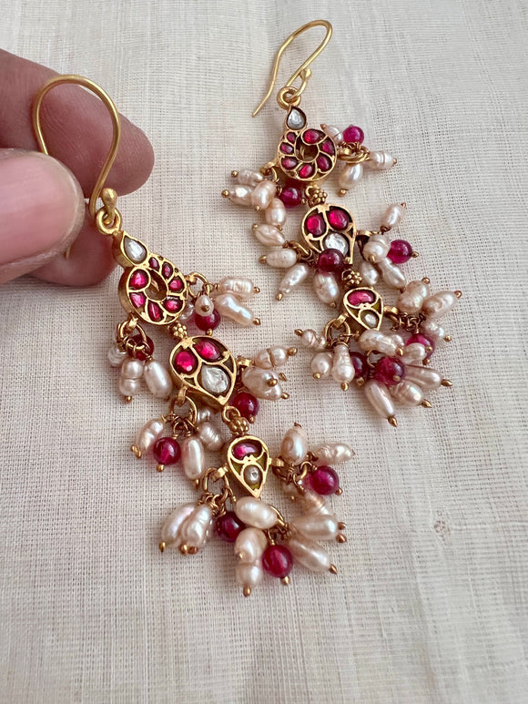 Gold polish kundan & ruby hook earrings with pearls and ruby beads-Earrings-CI-House of Taamara