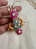 Gold polish kundan & ruby inlay work pendant with pearls long chain, SET-Silver Neckpiece-CI-House of Taamara