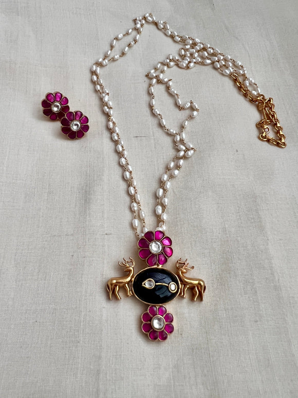 Gold polish kundan & ruby inlay work pendant with pearls long chain, SET-Silver Neckpiece-CI-House of Taamara