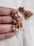 Gold polish kundan & ruby jhumka with pearls-Earrings-CI-House of Taamara