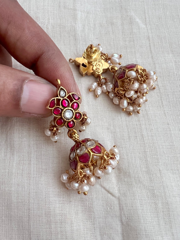 Gold polish kundan & ruby jhumka with pearls-Earrings-CI-House of Taamara