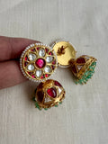 Gold polish kundan & ruby jhumka with pearls and small jade bead hangings-Earrings-CI-House of Taamara