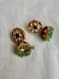 Gold polish kundan & ruby jhumka with pearls and small jade bead hangings-Earrings-CI-House of Taamara